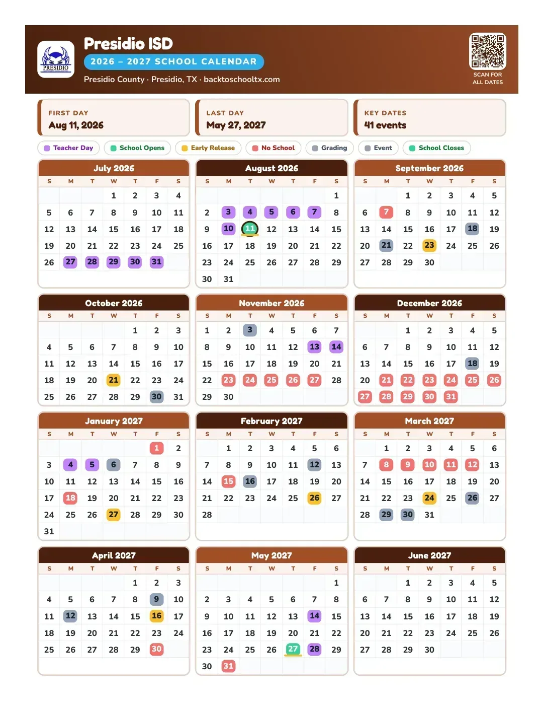 Presidio ISD Calendar for the Year 26-27