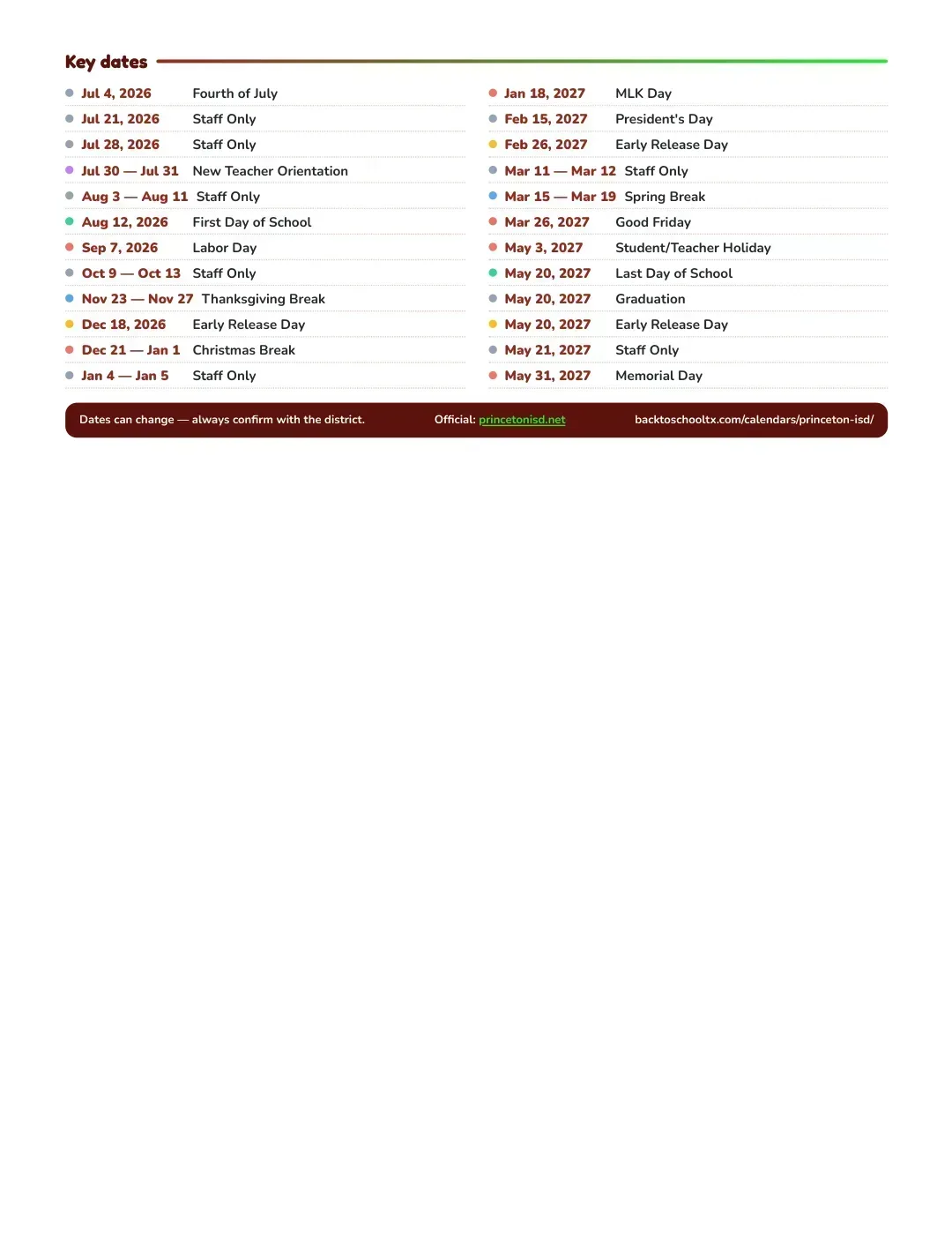 Princeton ISD Calendar for the Year 26-27 — key dates