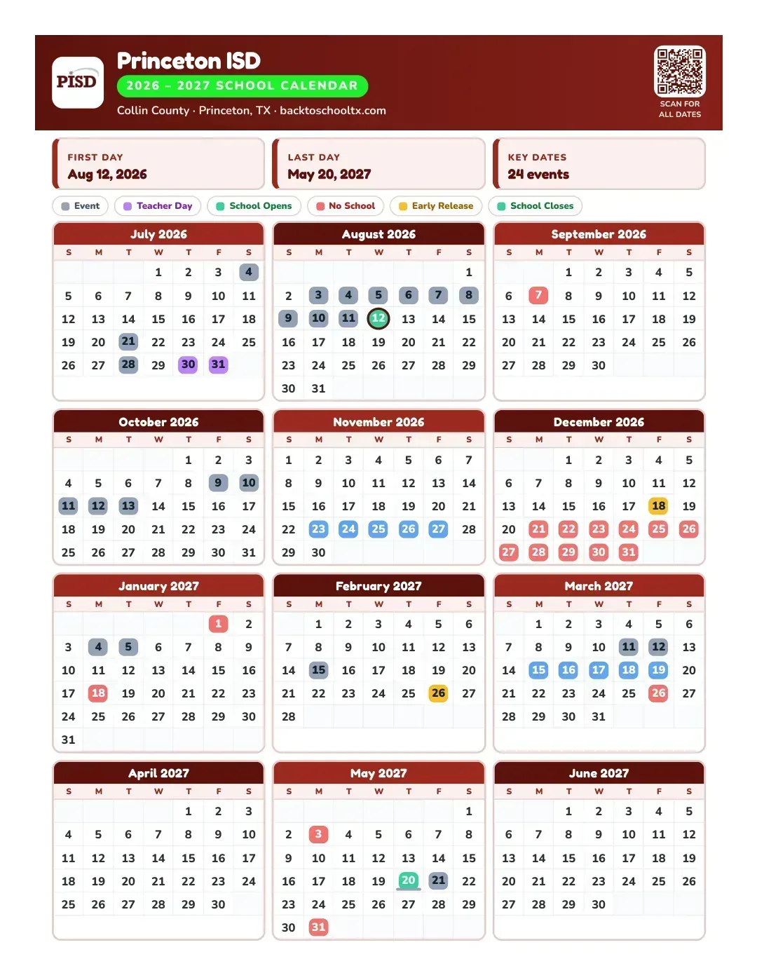 Princeton ISD Calendar for the Year 26-27