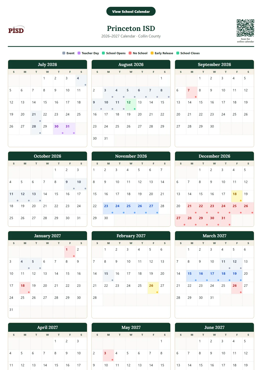 Princeton ISD printable 2026–2027 calendar