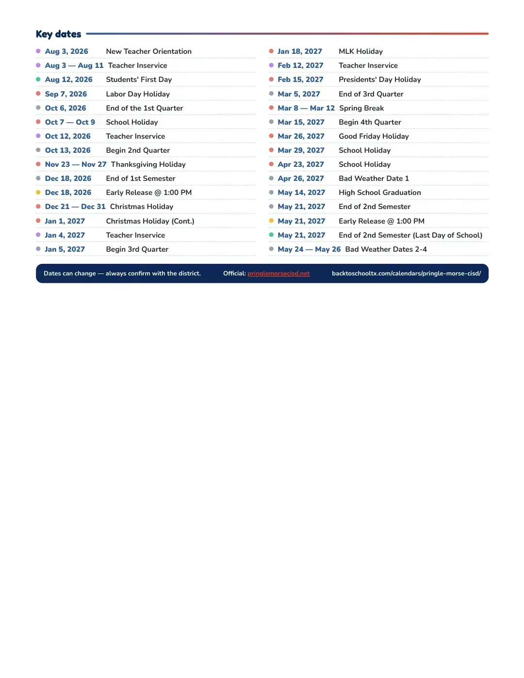 Pringle-morse CISD Calendar for the Year 26-27 — key dates