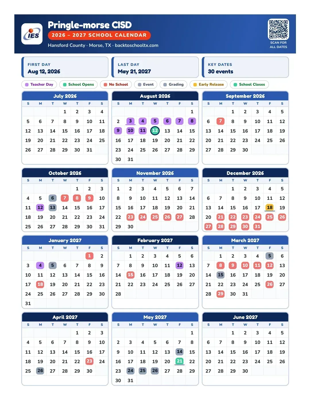 Pringle-morse CISD Calendar for the Year 26-27