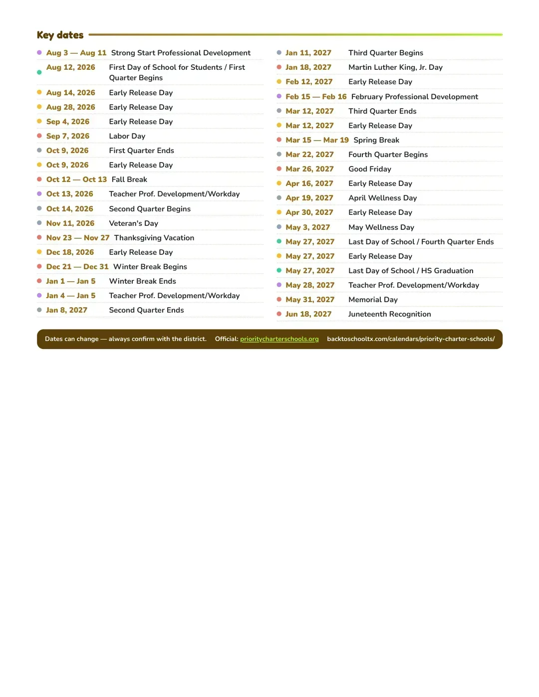 Priority Charter Schools Calendar for the Year 26-27 — key dates