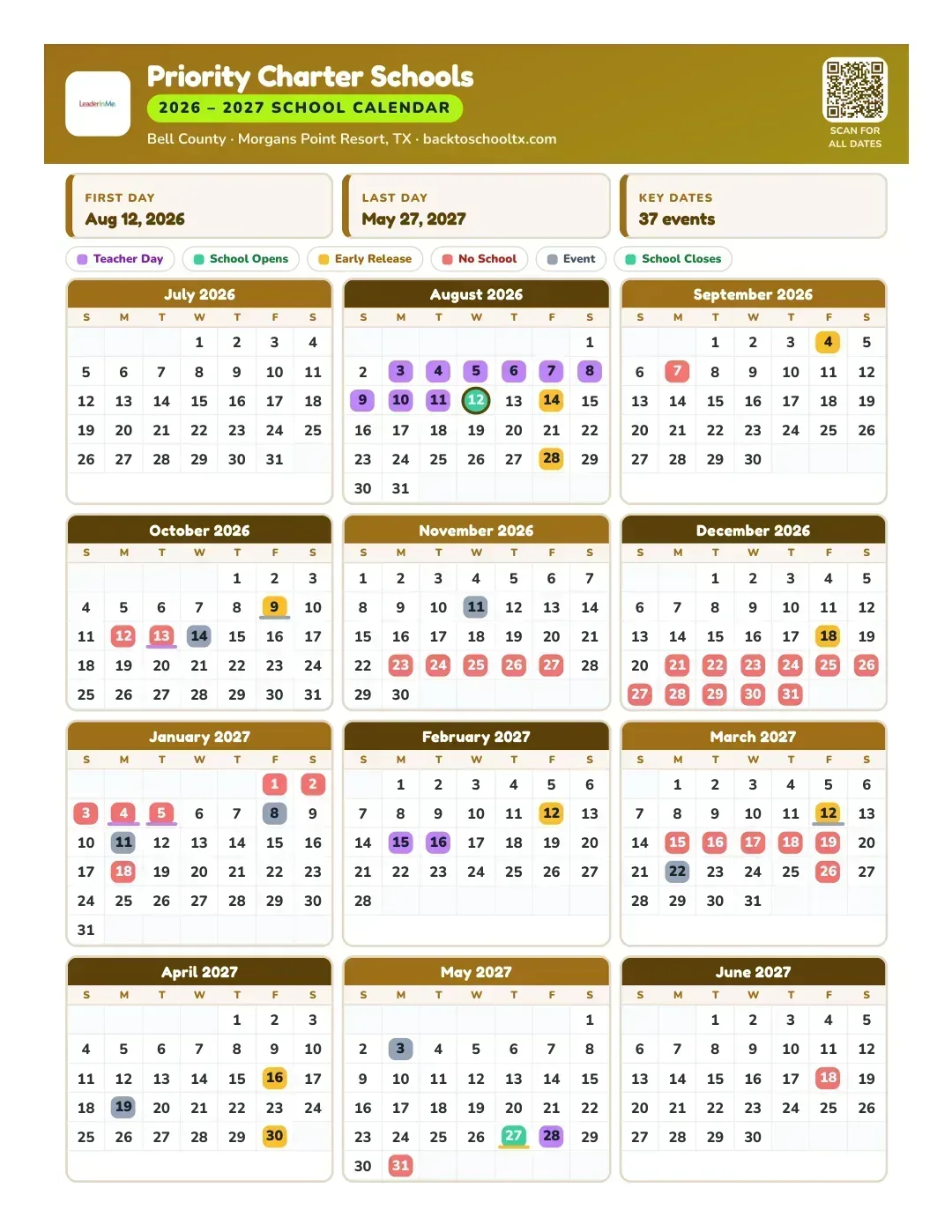 Priority Charter Schools Calendar for the Year 26-27