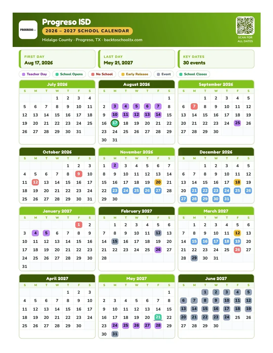 Progreso ISD Calendar for the Year 26-27