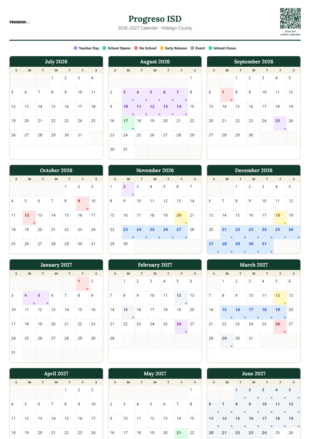 Progreso ISD printable 2026–2027 calendar
