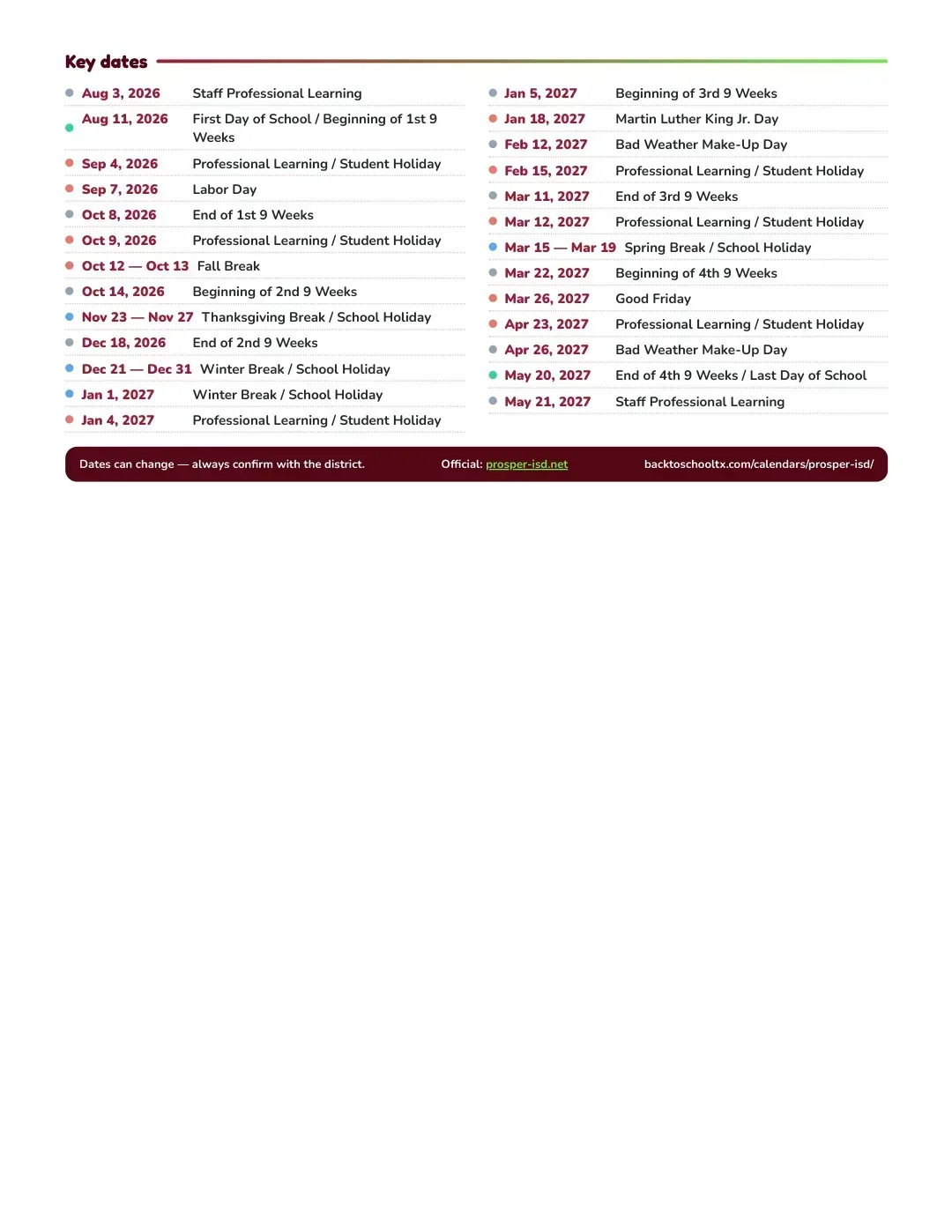 Prosper ISD Calendar for the Year 26-27 — key dates