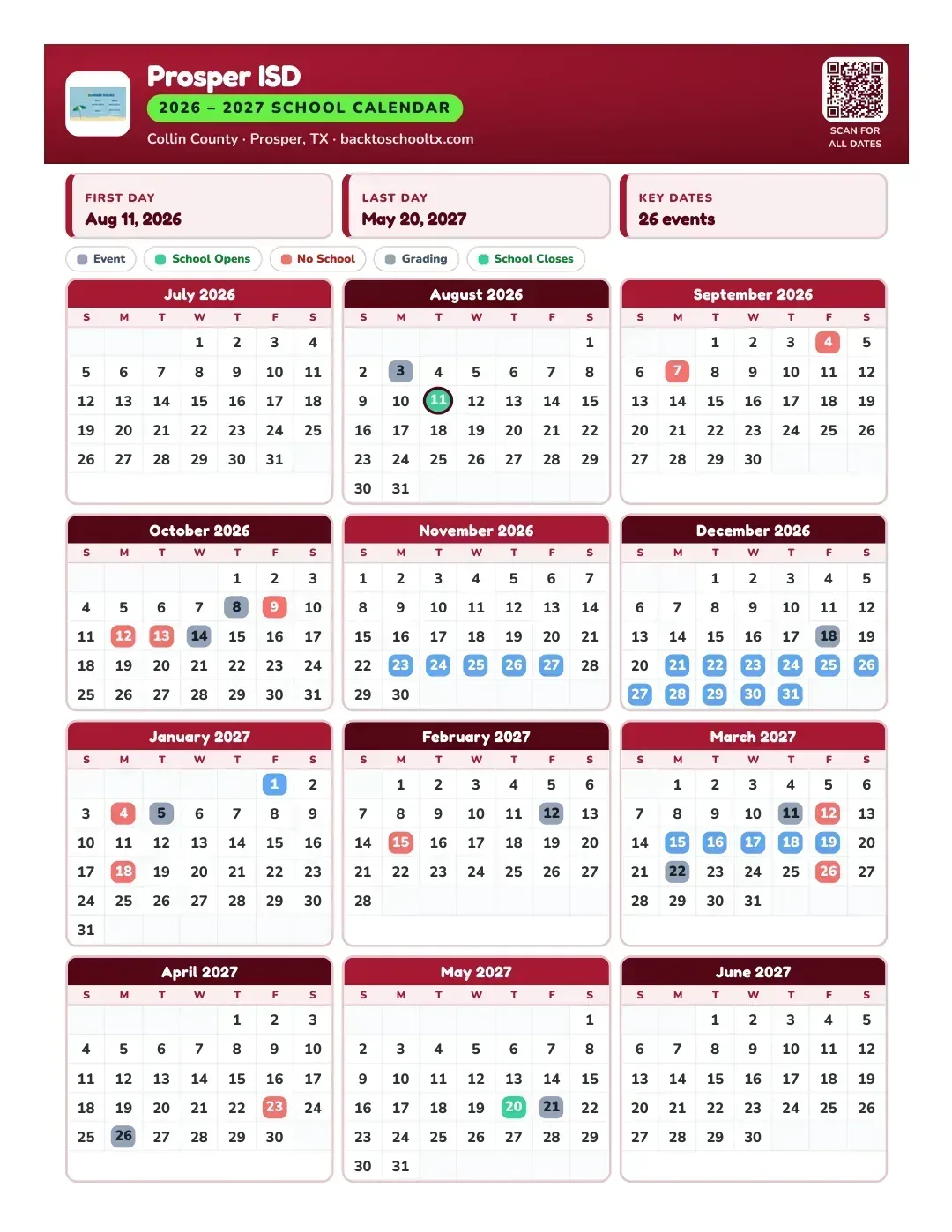Prosper ISD Calendar for the Year 26-27