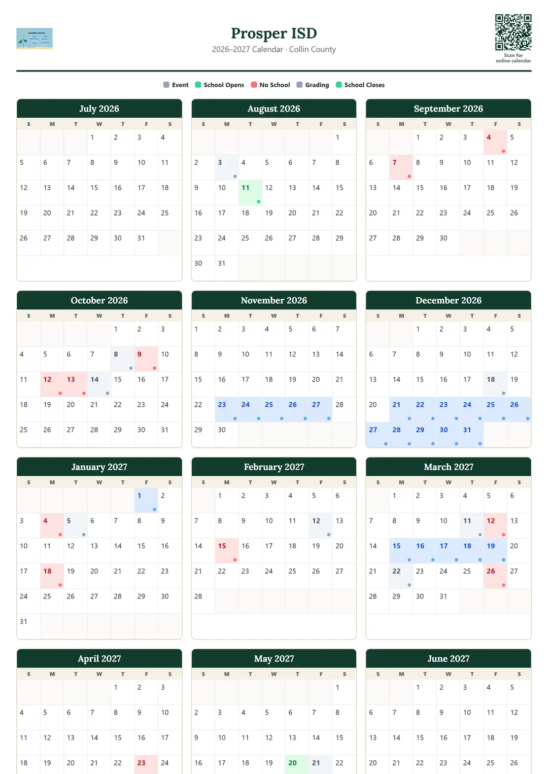 Prosper ISD printable 2026–2027 calendar