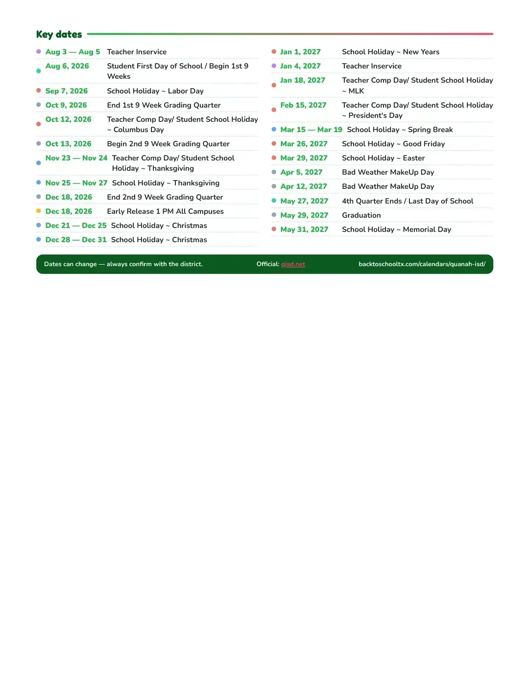Quanah ISD Calendar for the Year 26-27 — key dates
