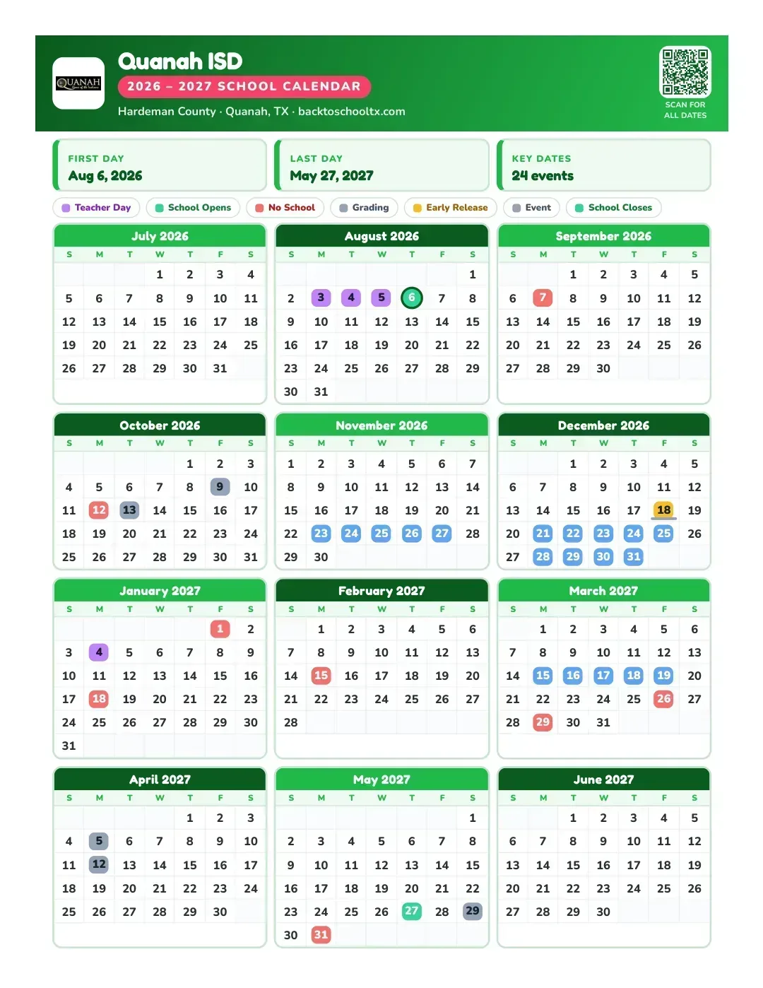 Quanah ISD Calendar for the Year 26-27