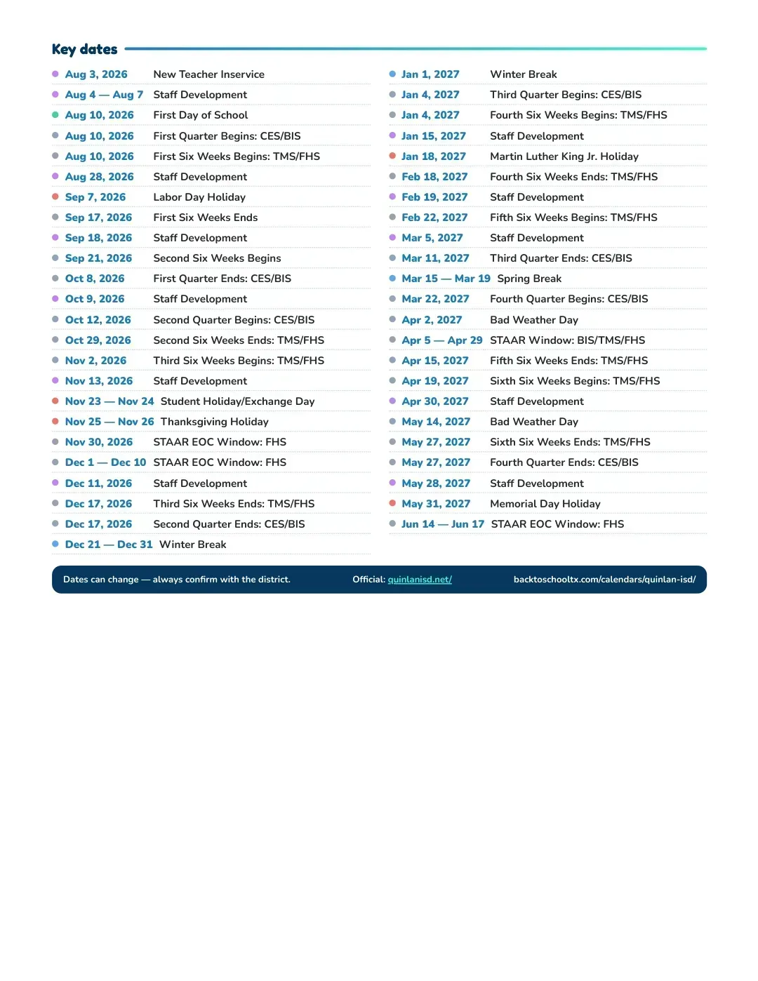 Quinlan ISD Calendar for the Year 26-27 — key dates