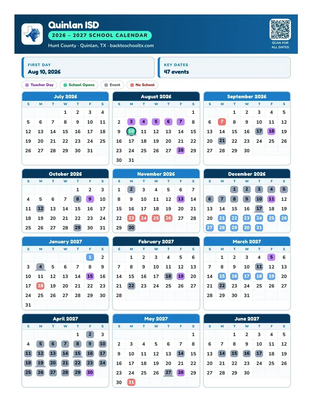 Quinlan ISD Calendar for the Year 26-27