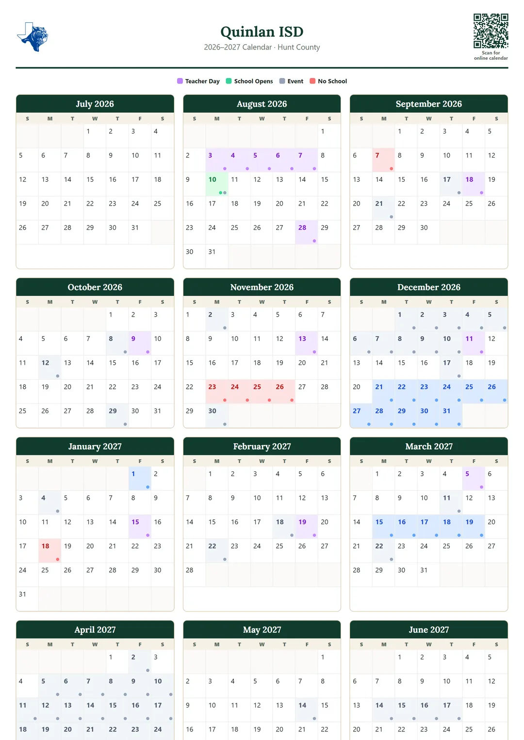 Quinlan ISD printable 2026–2027 calendar