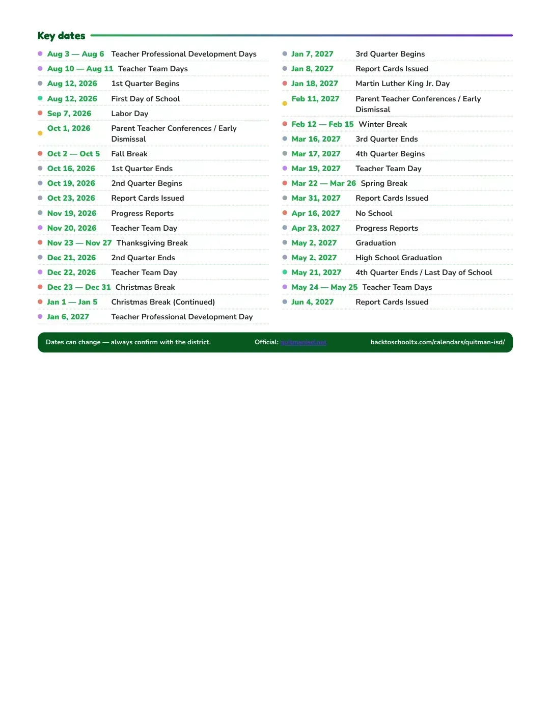 Quitman ISD Calendar for the Year 26-27 — key dates