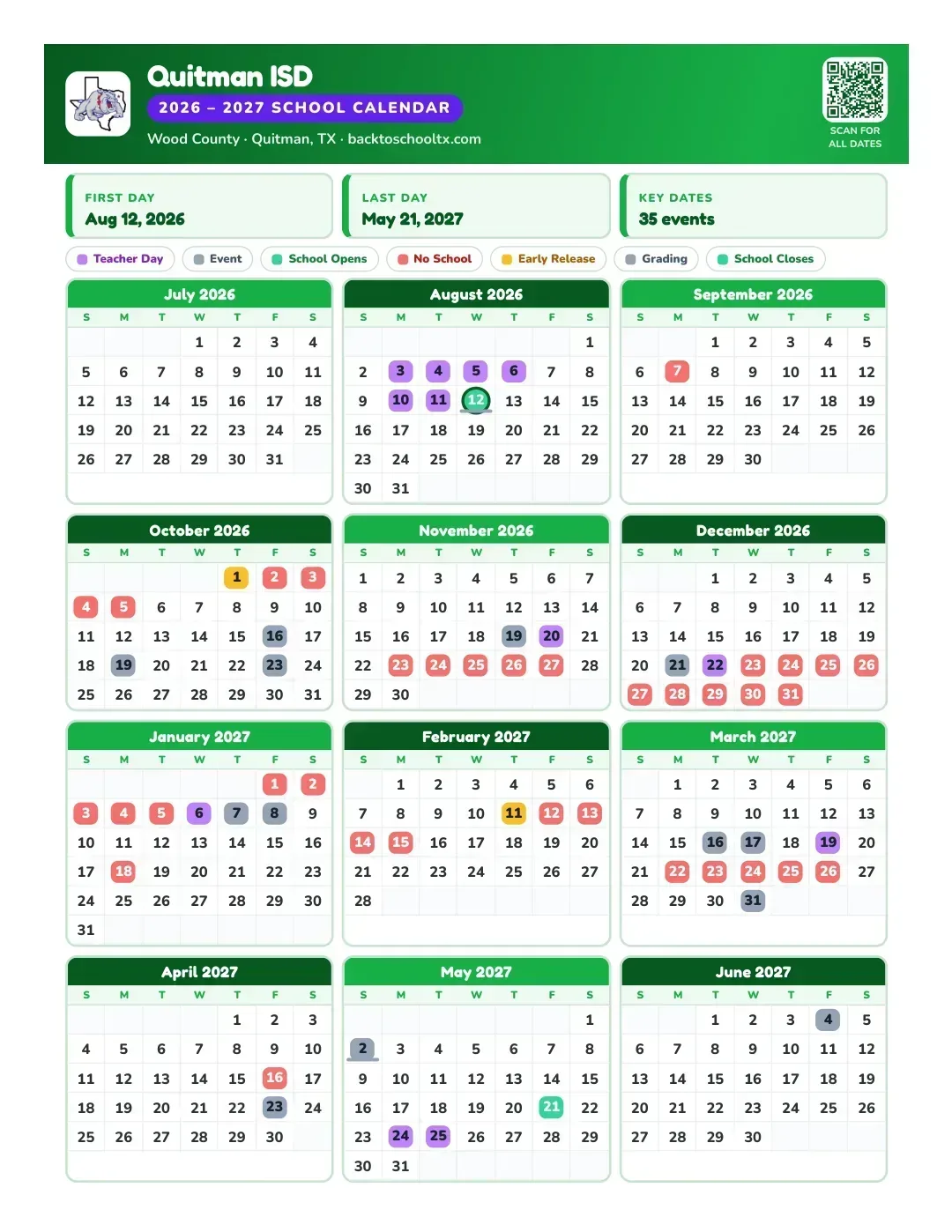 Quitman ISD Calendar for the Year 26-27