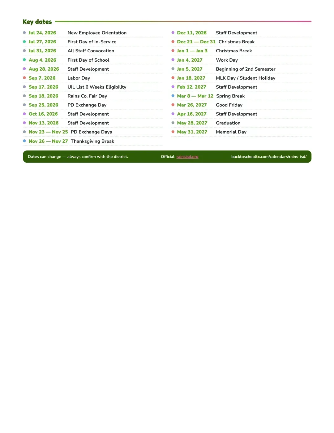 Rains ISD Calendar for the Year 26-27 — key dates