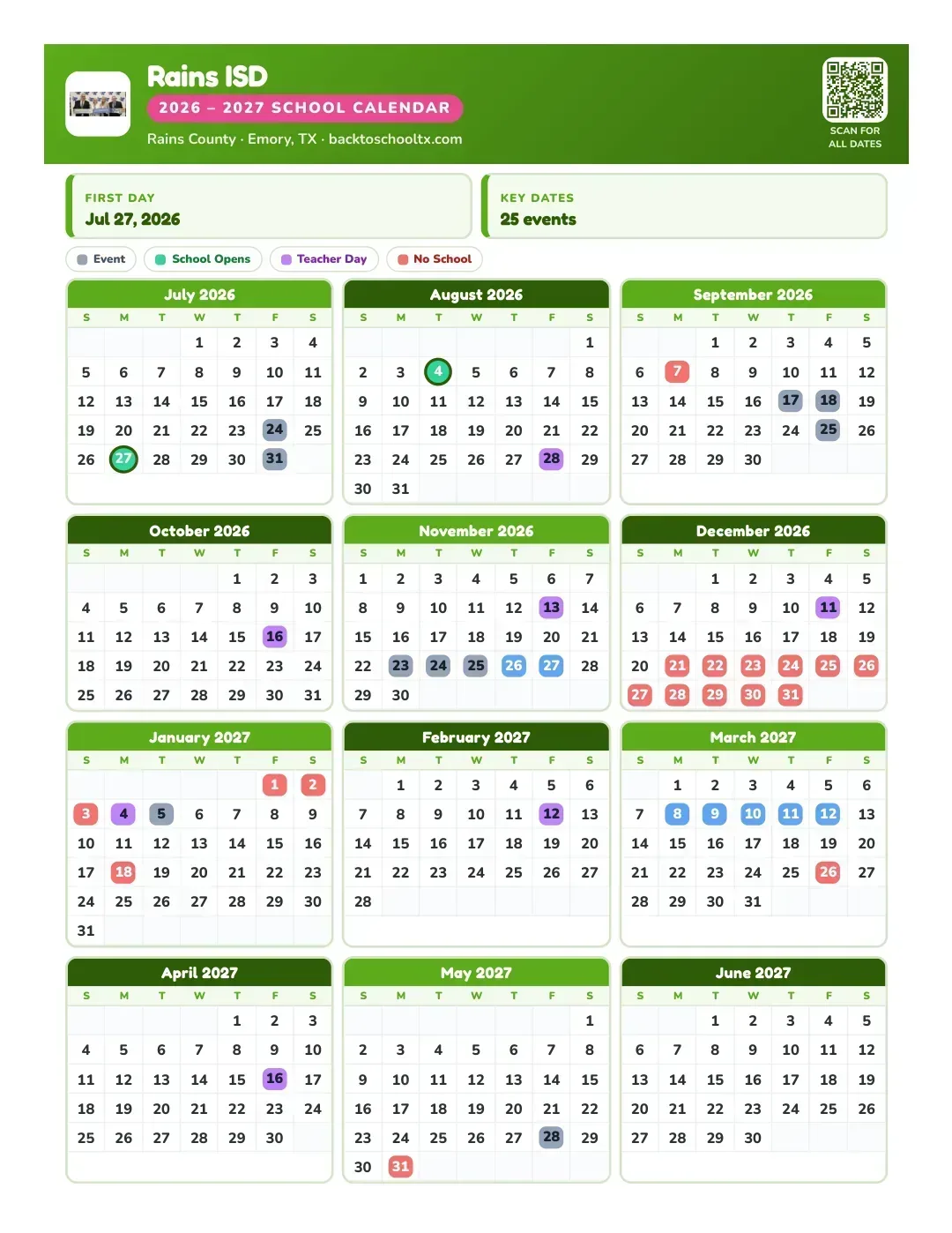 Rains ISD Calendar for the Year 26-27