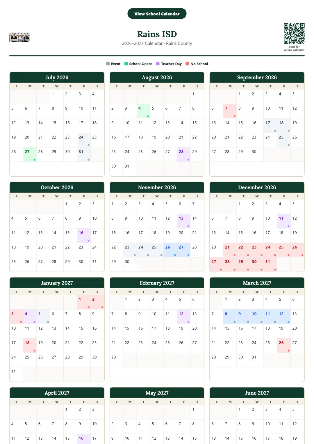 Rains ISD printable 2026–2027 calendar