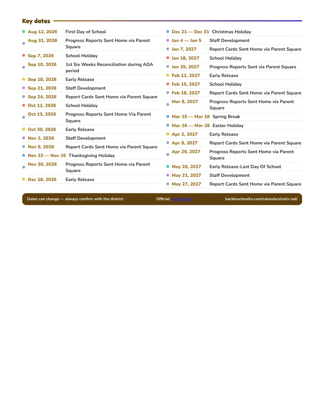 Ralls ISD Calendar for the Year 26-27 — key dates
