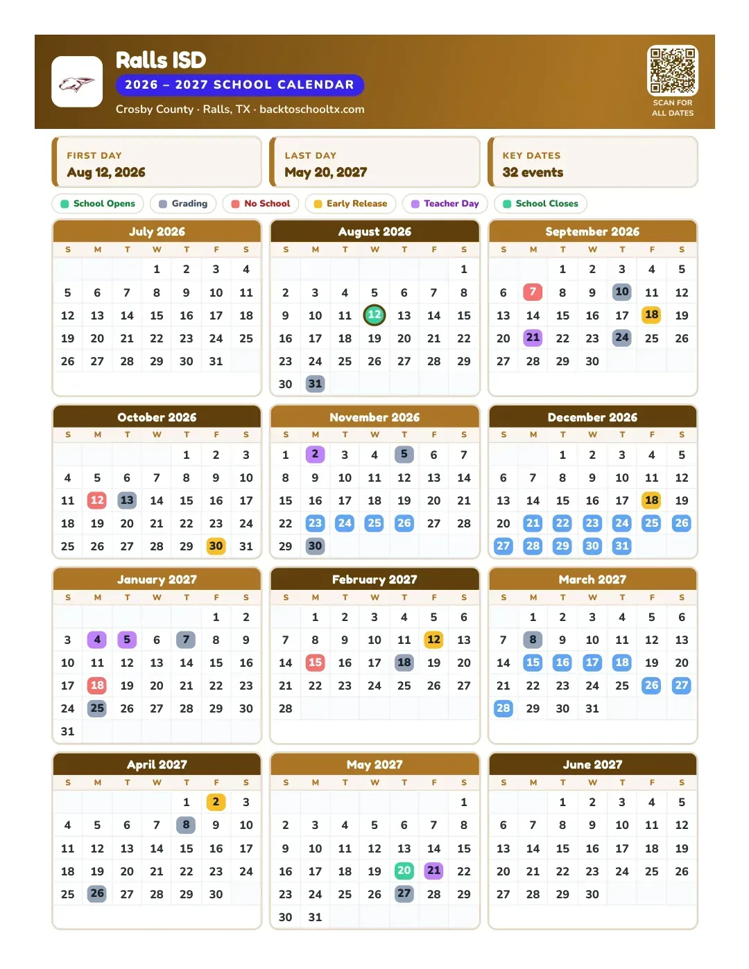 Ralls ISD Calendar for the Year 26-27