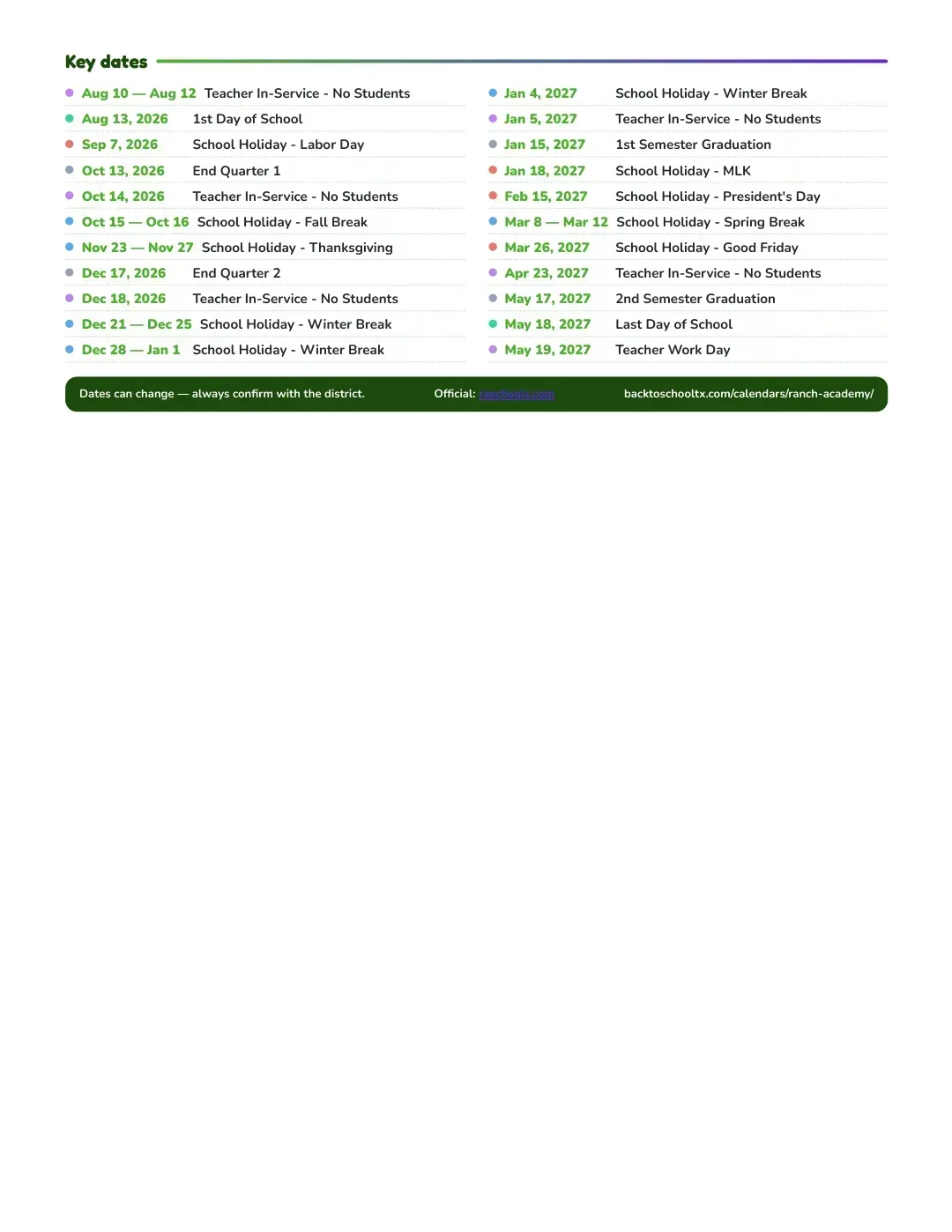 Ranch Academy Calendar for the Year 26-27 — key dates