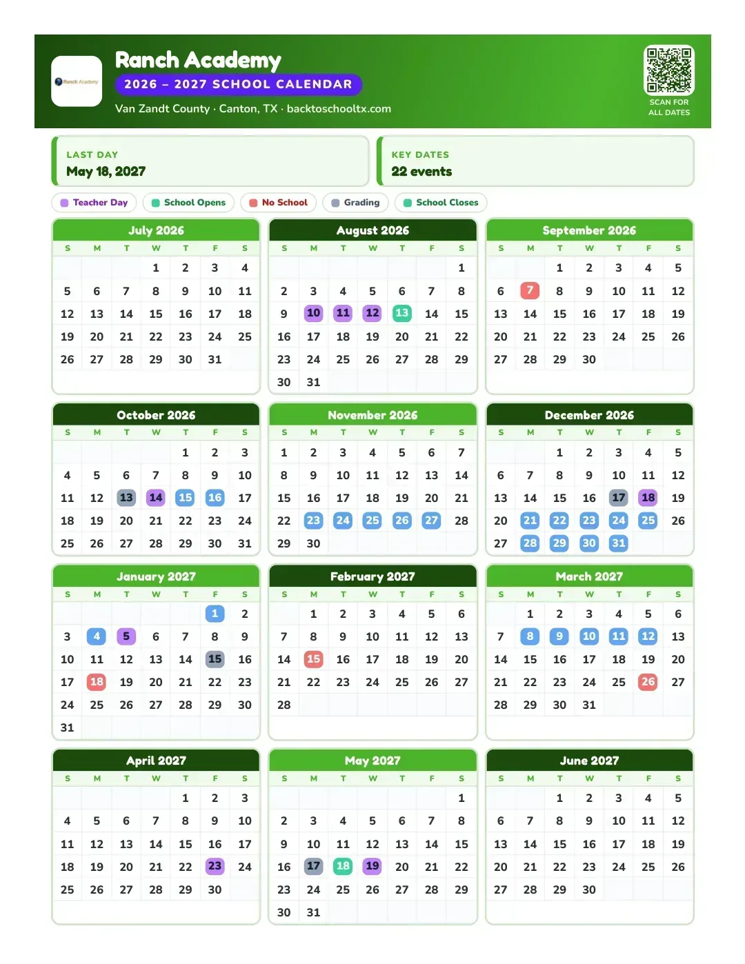 Ranch Academy Calendar for the Year 26-27