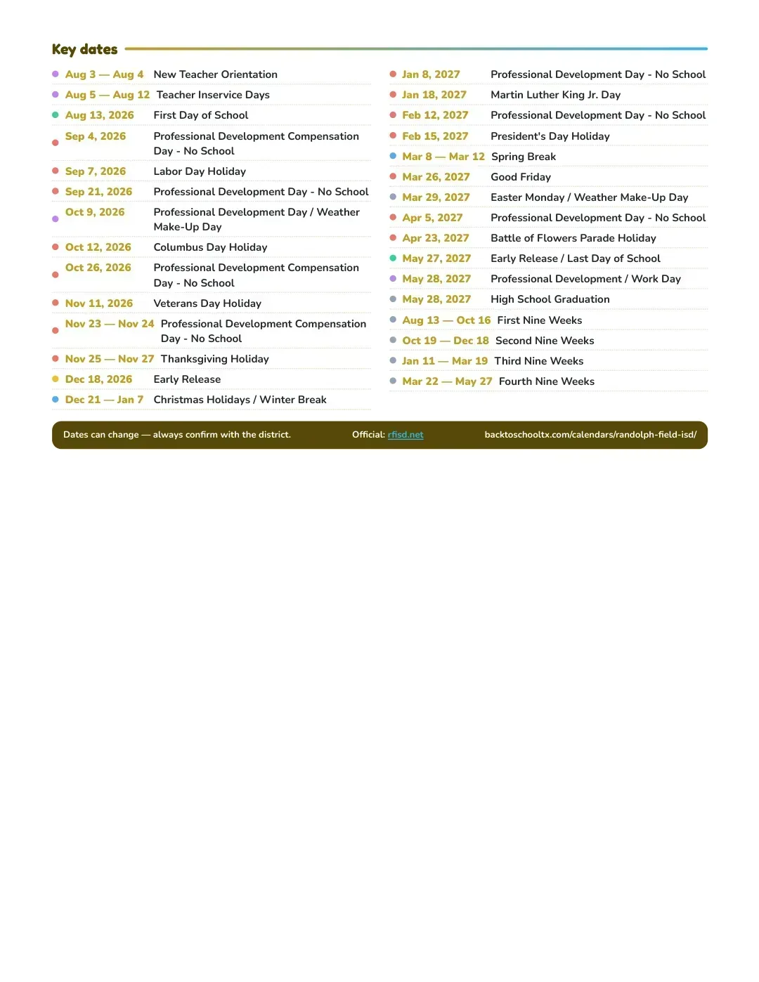 Randolph Field ISD Calendar for the Year 26-27 — key dates