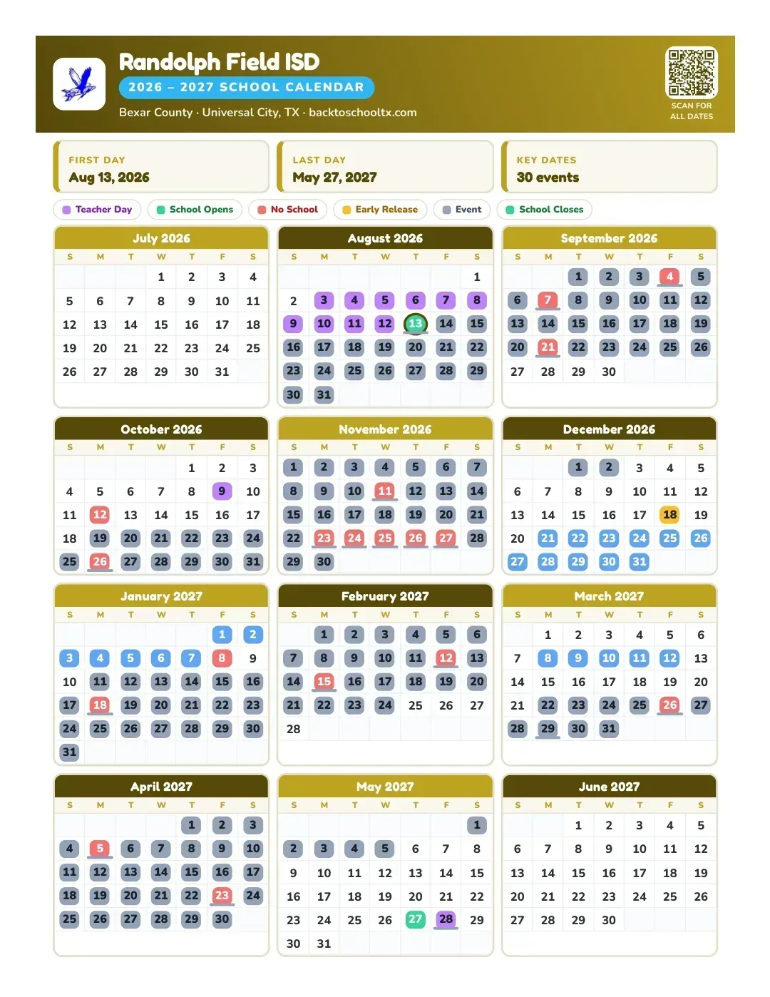 Randolph Field ISD Calendar for the Year 26-27