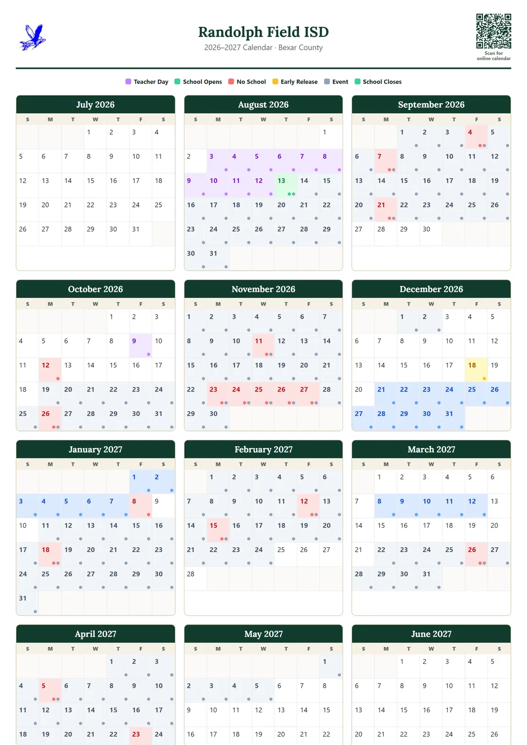 Randolph Field ISD printable 2026–2027 calendar