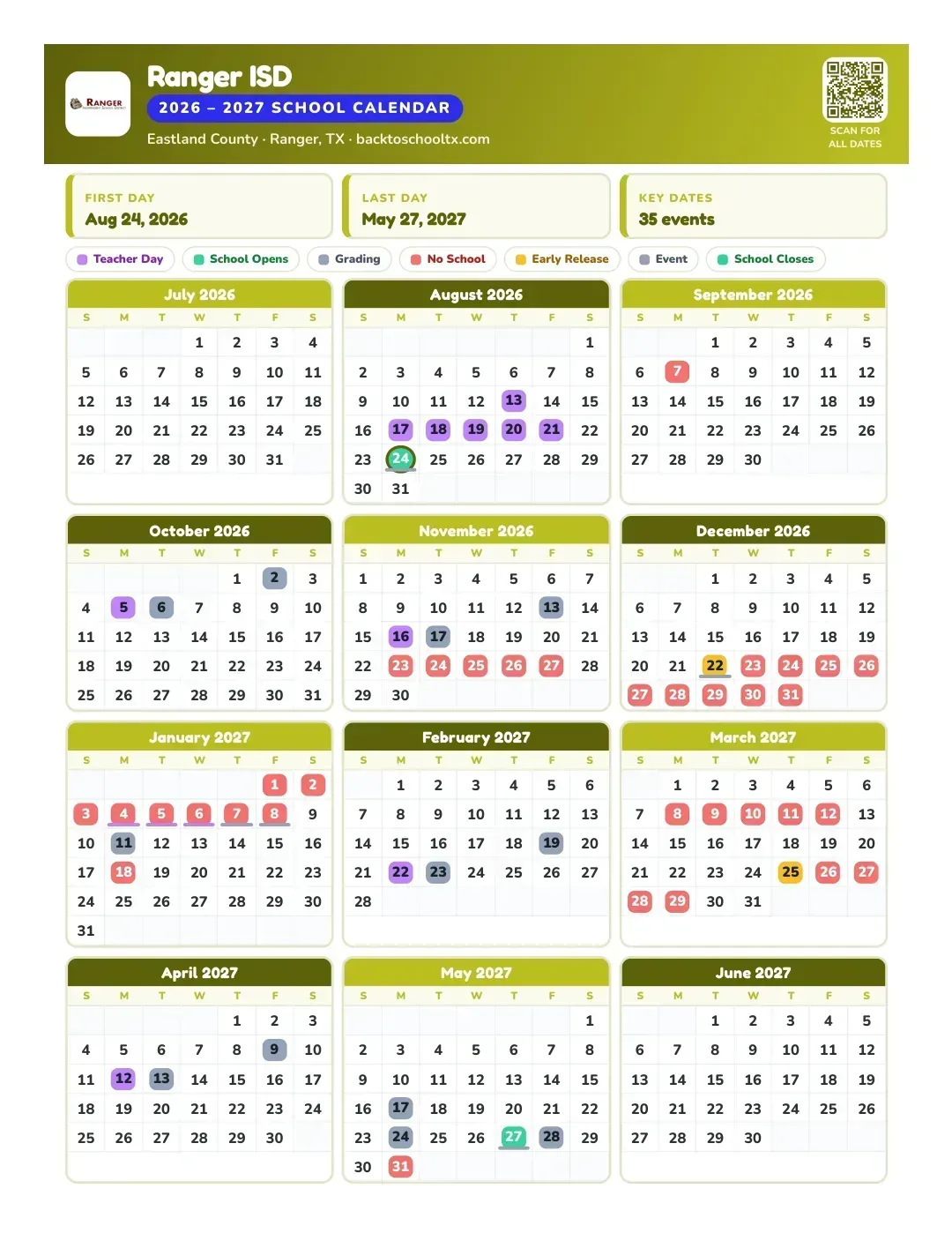 Ranger ISD Calendar for the Year 26-27