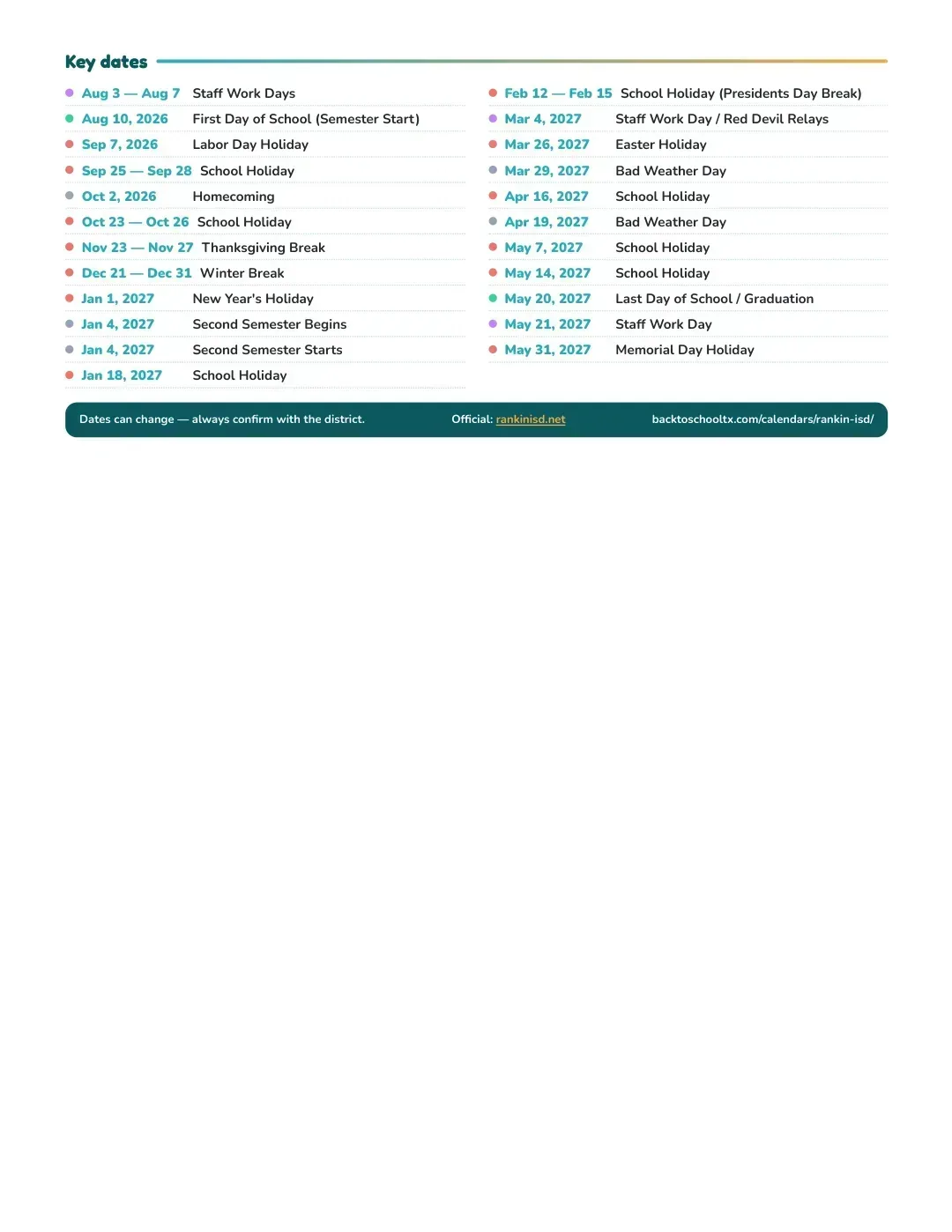 Rankin ISD Calendar for the Year 26-27 — key dates