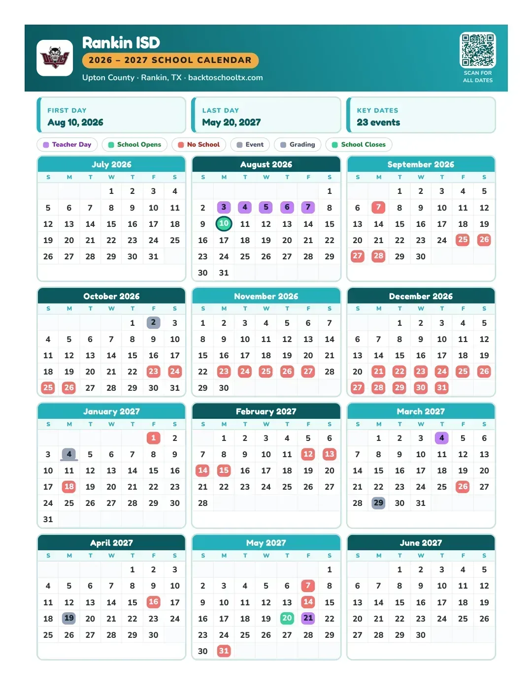 Rankin ISD Calendar for the Year 26-27