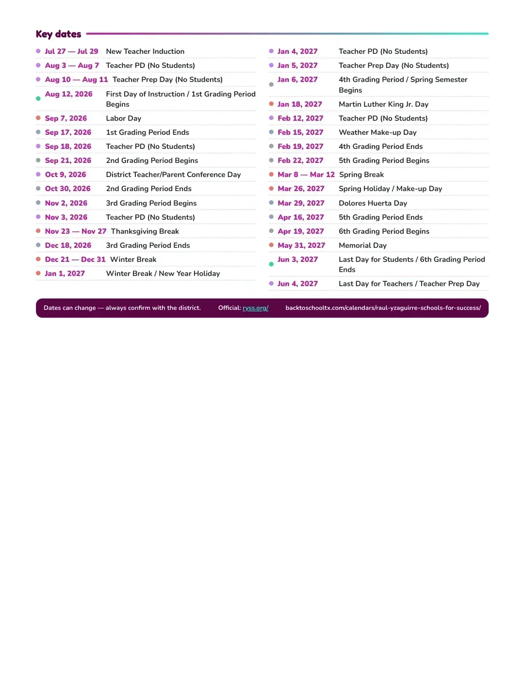 Raul Yzaguirre Schools For Success Calendar for the Year 26-27 — key dates