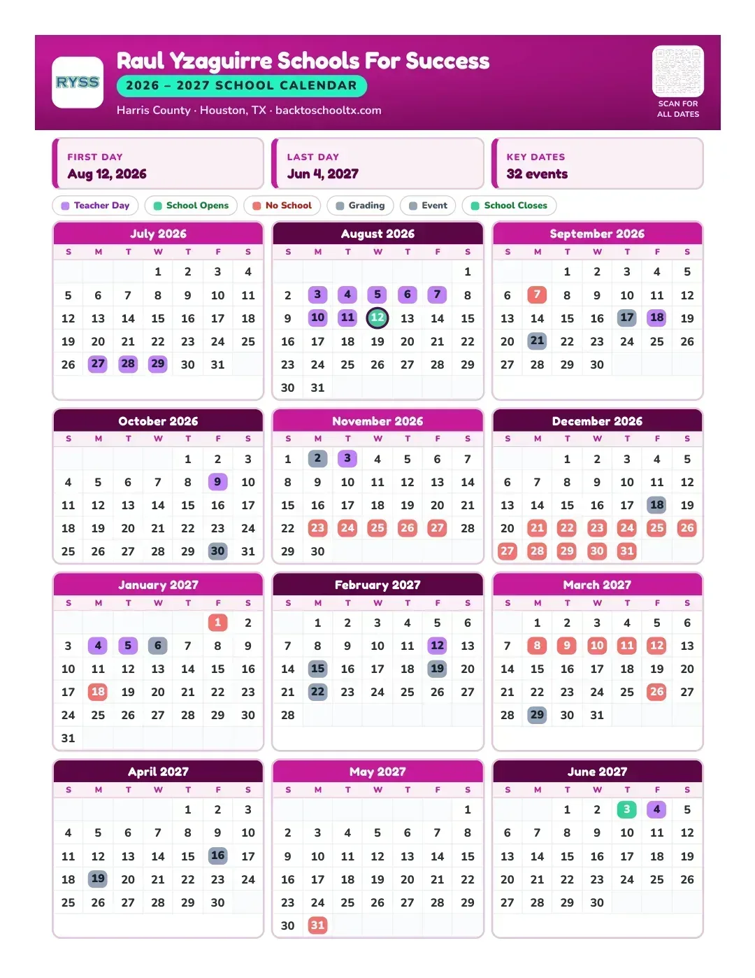 Raul Yzaguirre Schools For Success Calendar for the Year 26-27