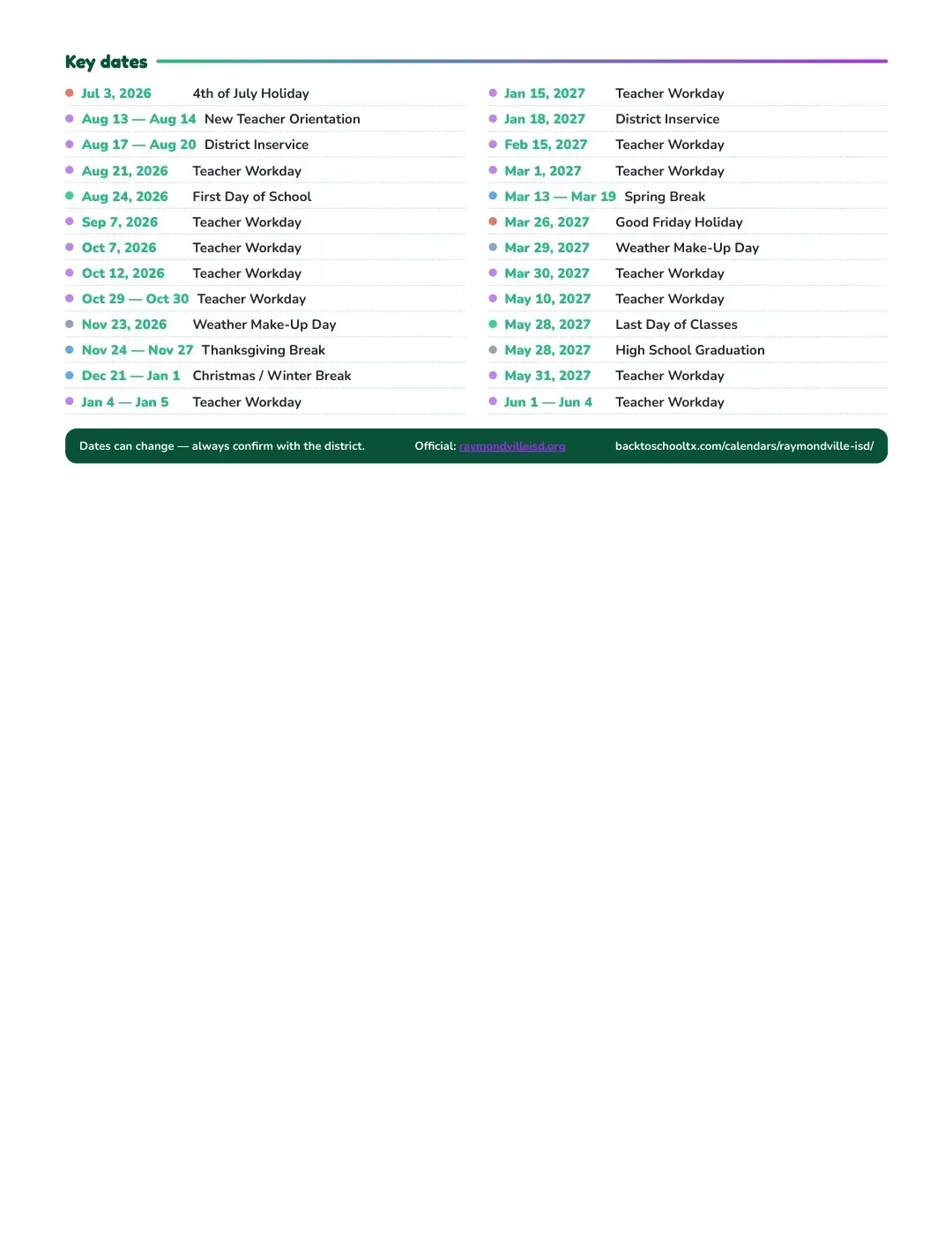 Raymondville ISD Calendar for the Year 26-27 — key dates