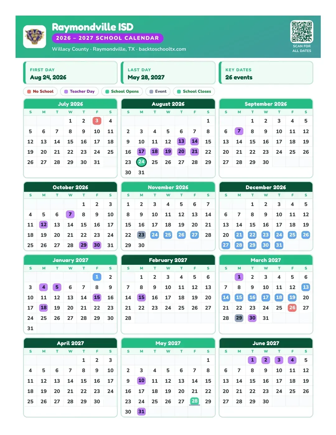 Raymondville ISD Calendar for the Year 26-27
