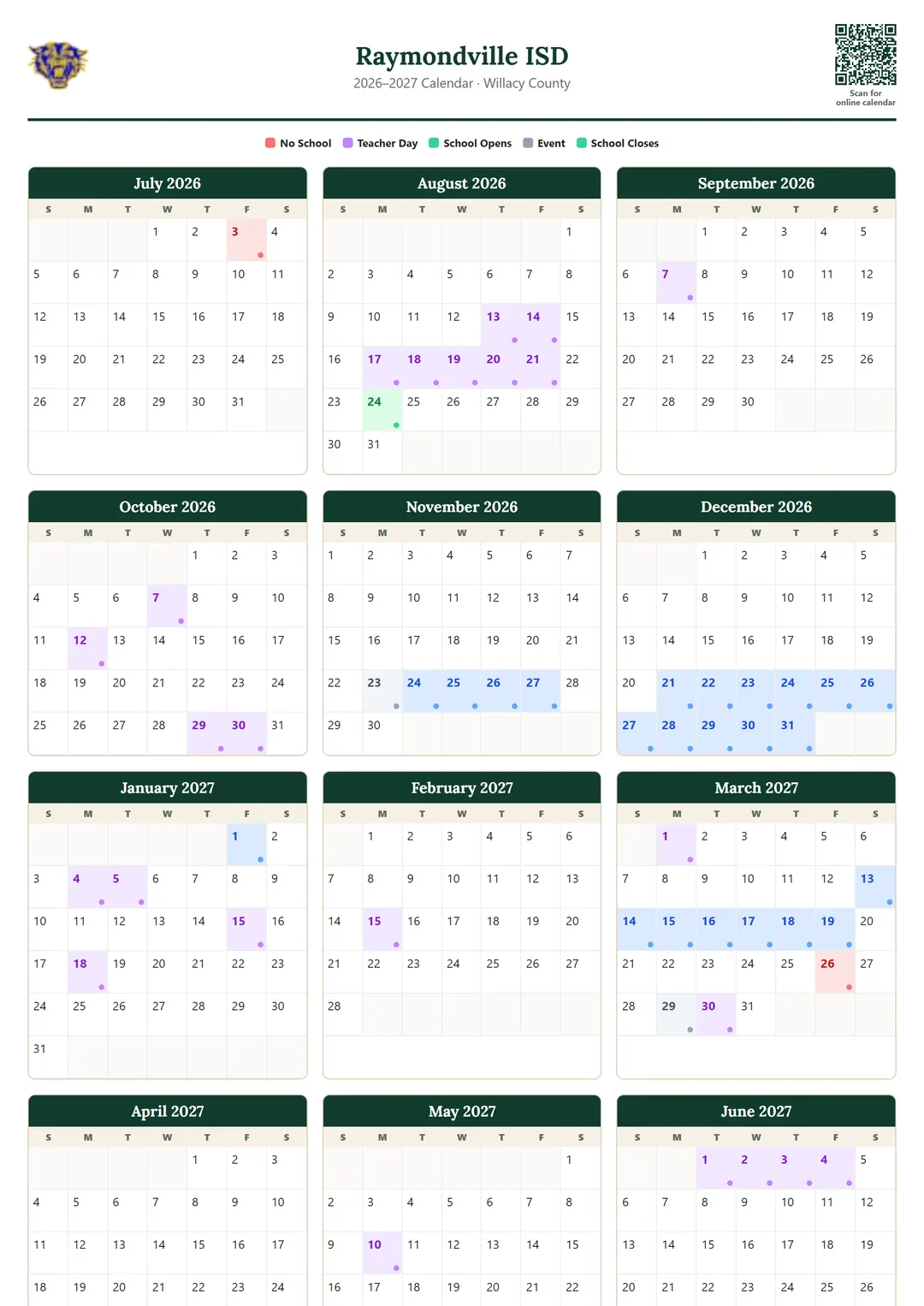 Raymondville ISD printable 2026–2027 calendar