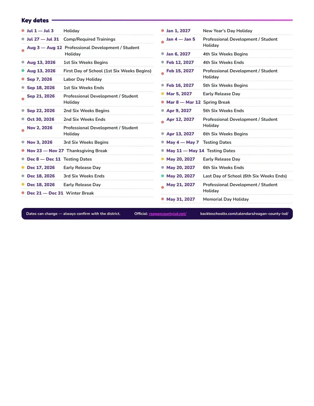 Reagan County ISD Calendar for the Year 26-27 — key dates