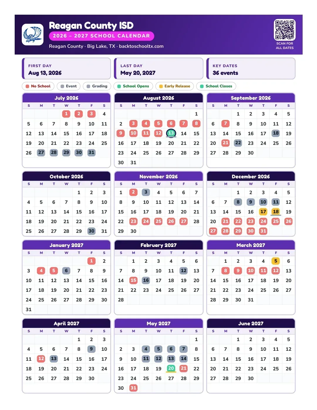 Reagan County ISD Calendar for the Year 26-27