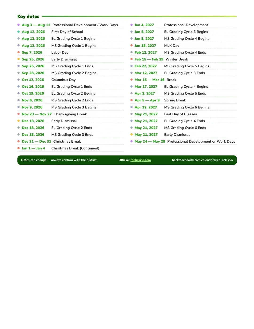 Red Lick ISD Calendar for the Year 26-27 — key dates