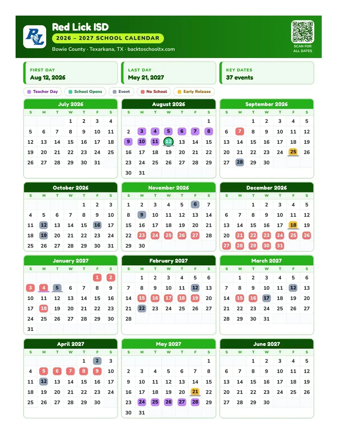 Red Lick ISD Calendar for the Year 26-27