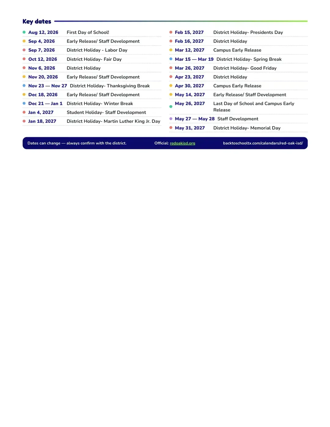 Red Oak ISD Calendar for the Year 26-27 — key dates
