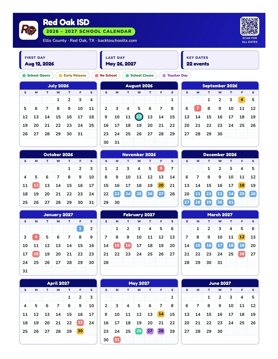 Red Oak ISD Calendar for the Year 26-27