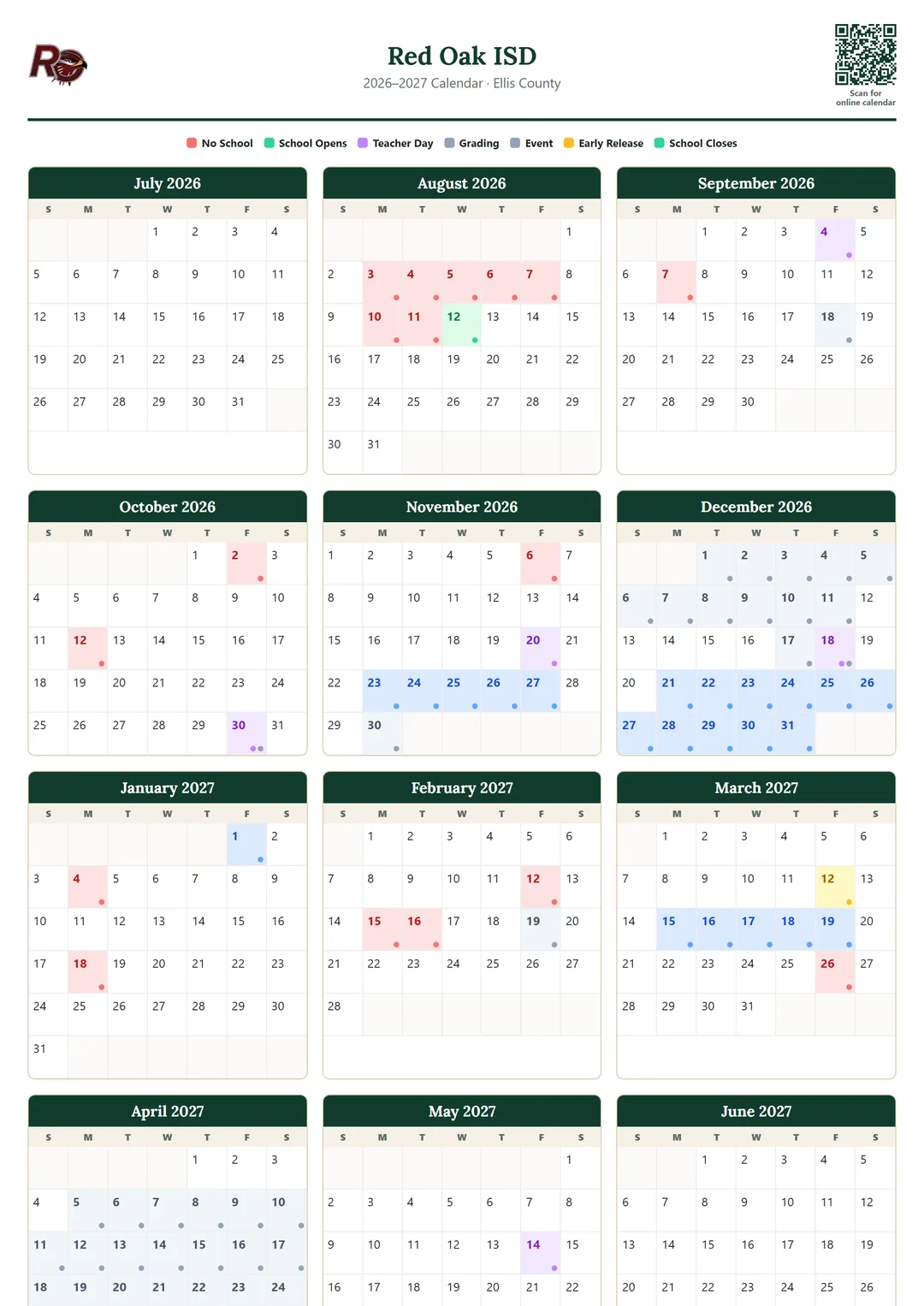Red Oak ISD printable 2026–2027 calendar