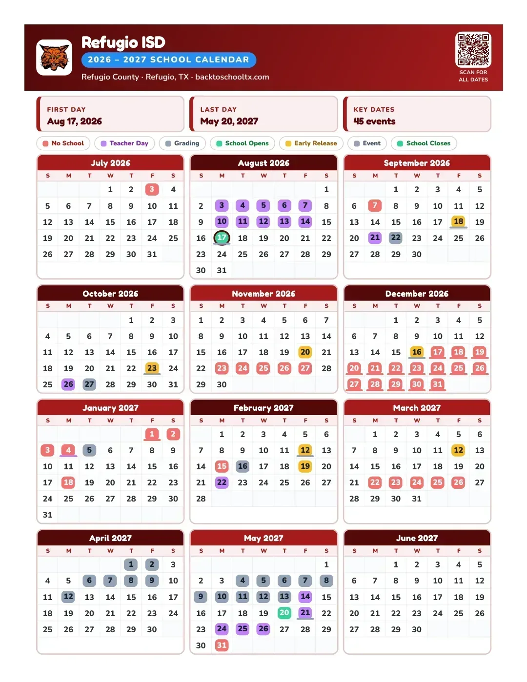Refugio ISD Calendar for the Year 26-27