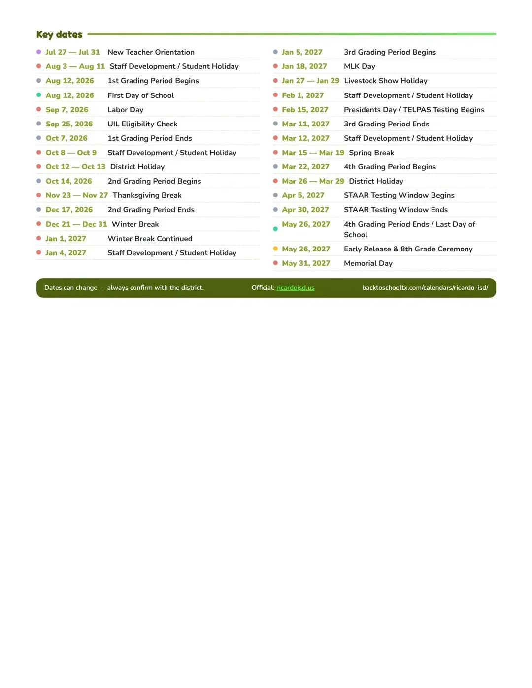 Ricardo ISD Calendar for the Year 26-27 — key dates