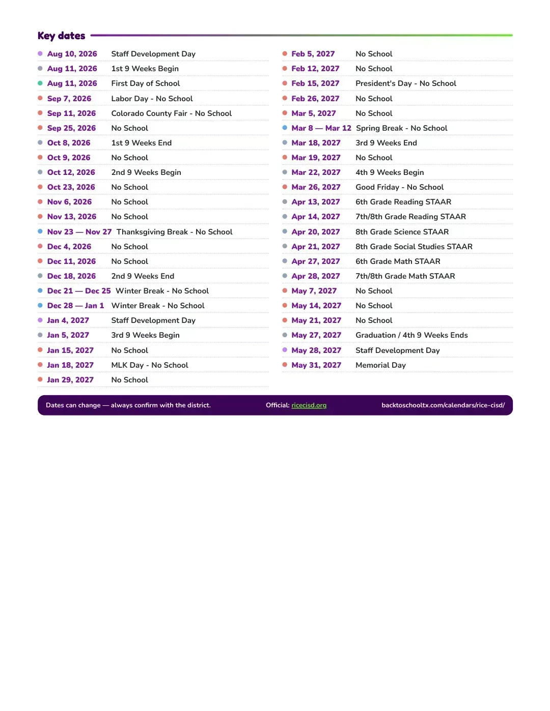 Rice CISD Calendar for the Year 26-27 — key dates