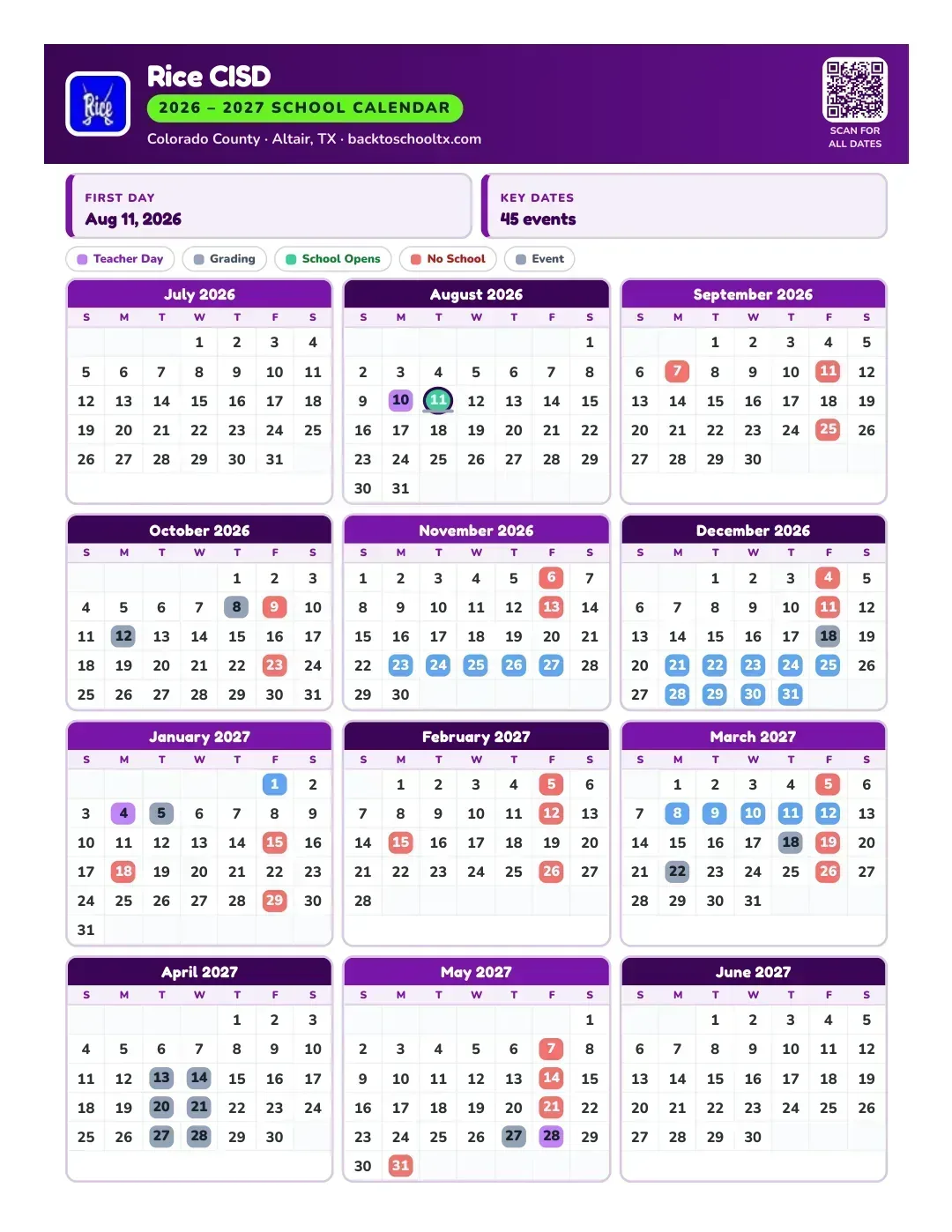 Rice CISD Calendar for the Year 26-27