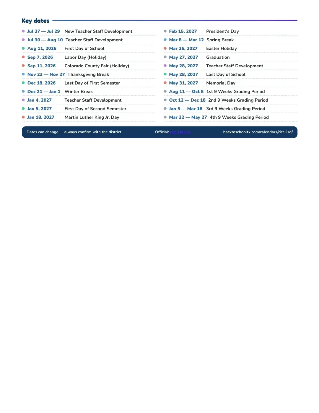 Rice ISD Calendar for the Year 26-27 — key dates